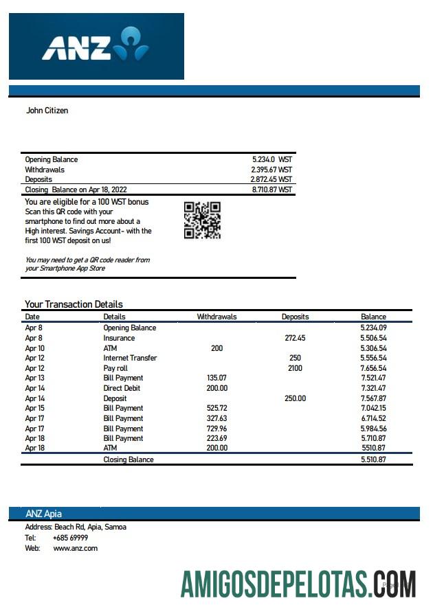 Samoa ANZ Bank Statement examplo